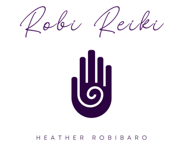 A logo of a hand with a spiral and the words Robi Reiki Heather Robibaro